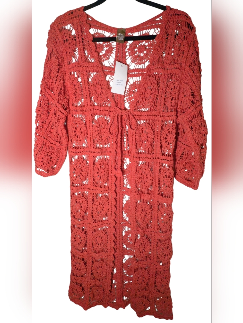 Raj Rust Crochet Granny Square Duster Cardigan OS To XL NWT